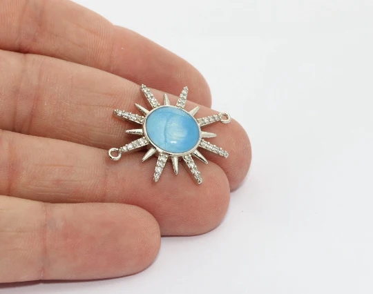 Rodyum%20Kaplama%20Çift%20Kulplu%20Beyaz%20Zirkon%20Taşlı%20Parlak%20Turkuaz%20Mineli%20Taşlı%20Güneş%20charms,%20Güneş%20Kolye%20Ucu