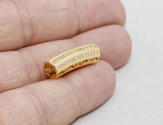 22 Ayar Parlak Altın Kaplama Zirkon Taşlı Silindir Kolye Ucu, CZ Charms Tüp Şeklinde Takı Aparatı