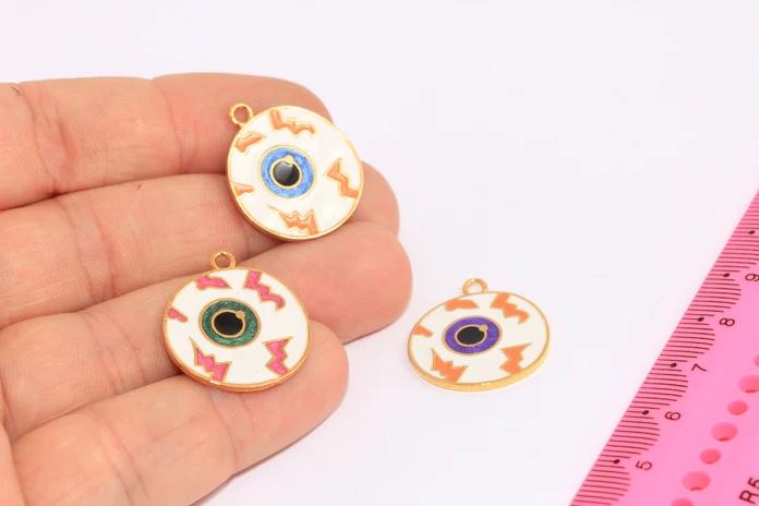 24 K Parlak Altın Kaplama Yuvarlak Renkli Mineli  Göz Kolye Ucu, Halloween Gözü