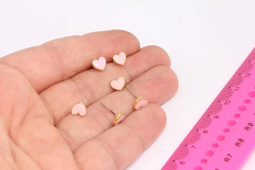 24 Ayar Altın Kaplama   açık pembe mineli kalp küpe