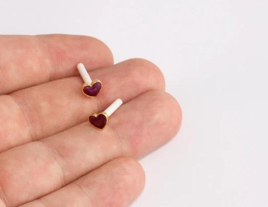 24 Ayar Altın Kaplama Koyu Mor Mineli Kalp Küpe