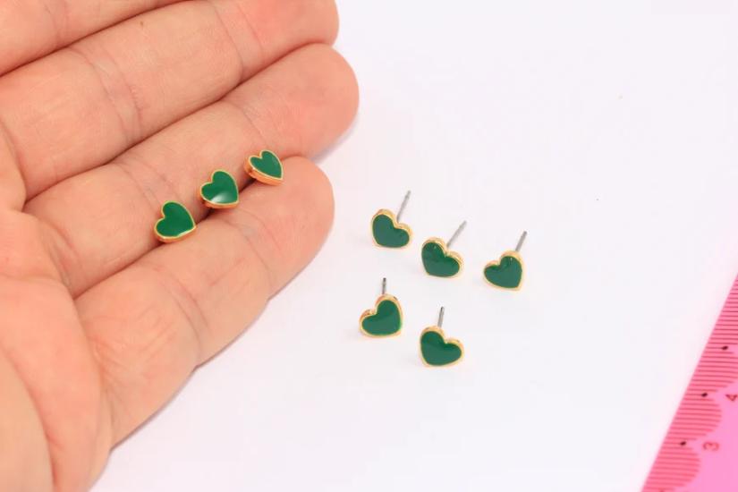 24 Ayar Altın Kaplama Yeşil Mineli Kalp Küpe