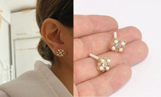 24 Ayar Altın Kaplama Beyaz İncili Çiçek Küpe