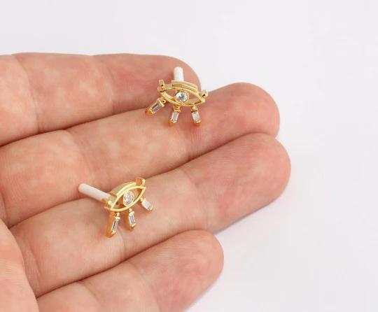 24 Ayar Altın Kaplama Beyaz Zirkon Taşlı Göz Nazarlık Küpe