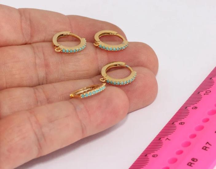 24 Ayar Altın Kaplama Turkuaz Taşlı Sallantılı Halka Küpe