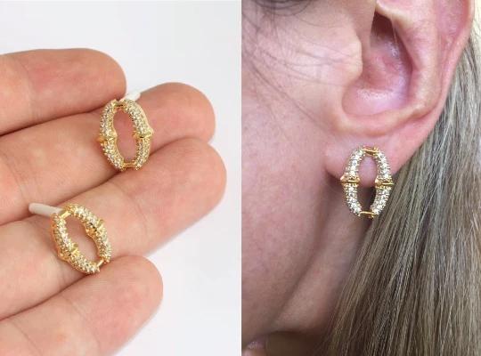 24 Ayar Altın Kaplama Beyaz Zirkon Taşlı Oval  Küpe