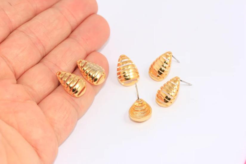 24 Ayar Altın Kaplama Kabarık Dilimli Damla Küpe