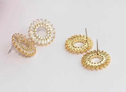 24 Ayar Altın Kaplama Beyaz Zirkon Taşlı Yuvarlak Küpe