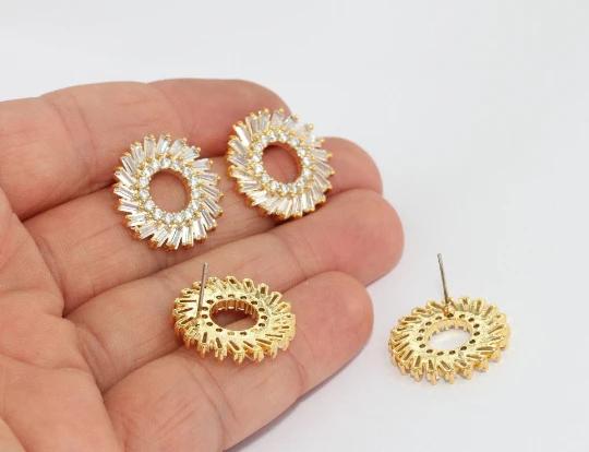 24 Ayar Altın Kaplama Beyaz Zirkon Taşlı Yuvarlak Küpe