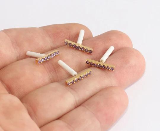 24 Ayar Altın Kaplama Mor Zirkon Taşlı Çubuk Küpe