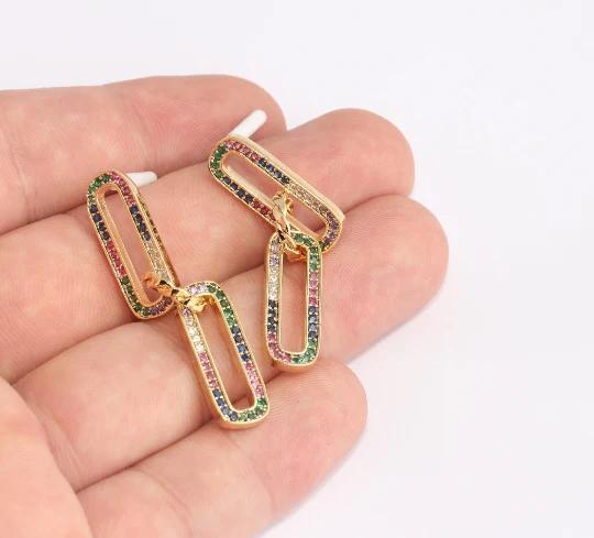 24 Ayar Altın Kaplama Renkli Zirkon Taşlı Uzun Oval Küpe