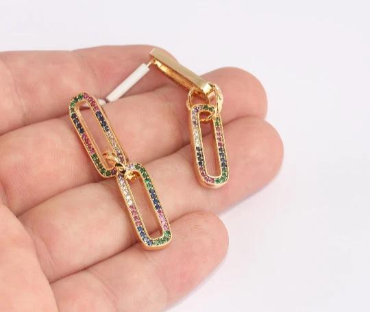 24 Ayar Altın Kaplama Renkli Zirkon Taşlı Uzun Oval Küpe