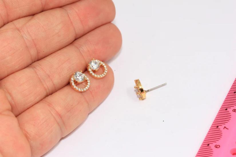 24 Ayar Altın Kaplama Beyaz Zirkon Taşlı Mini Yuvarlak Küpe