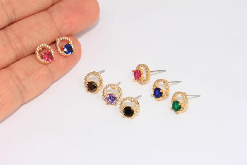 24 Ayar Altın Kaplama Zirkon Taşlı Mini Yuvarlak Küpe