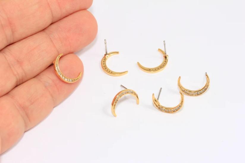 24 Ayar Altın Kaplama Beyaz Zirkon Taşlı Hilal Ay Küpe