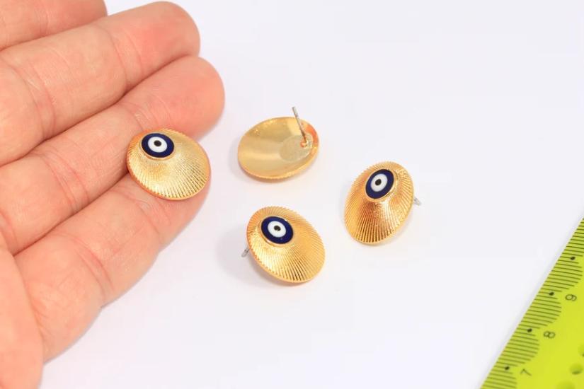 24 Ayar Altın Kaplama Lacivert Beyaz Mineli Nazar Kabuk Küpe