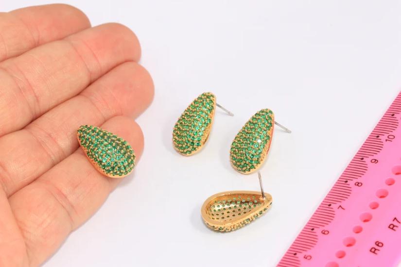 24 Ayar Altın Kaplama Yeşil Taşlı Damla Küpe