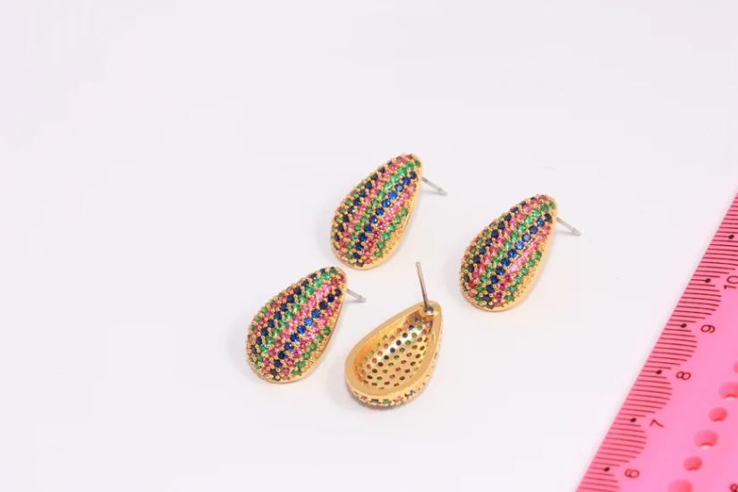 24 Ayar Altın Kaplama Renkli Taşlı Damla Küpe