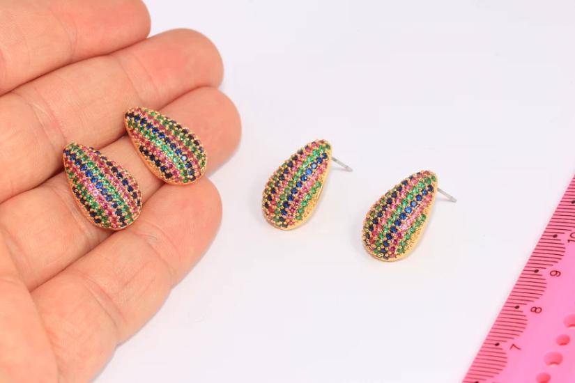 24 Ayar Altın Kaplama Renkli Taşlı Damla Küpe