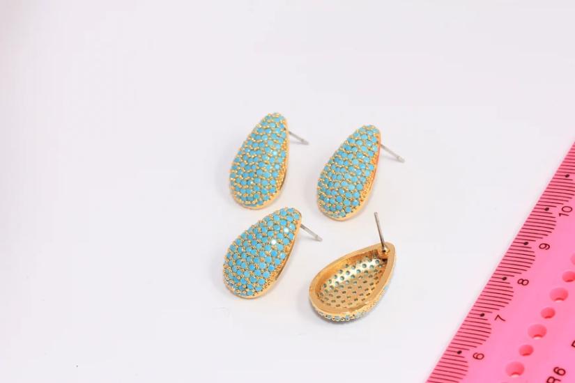 24 Ayar Altın Kaplama Turkuaz Taşlı Damla Küpe