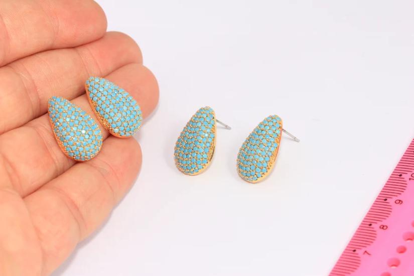 24 Ayar Altın Kaplama Turkuaz Taşlı Damla Küpe