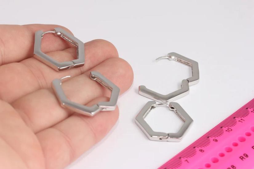 Rodyum Kaplama Gümüş Altıgen Halka Küpe