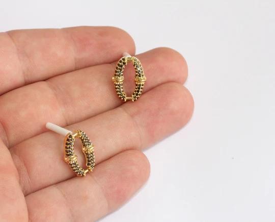 24 Ayar Altın Kaplama Siyah Zirkon Taşlı Oval Halka Küpe
