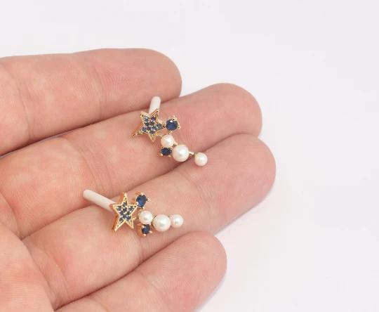 24 Ayar Altın Kaplama Mavi Taşlı Yıldız İnci Sallantılı Gezegen Küpe