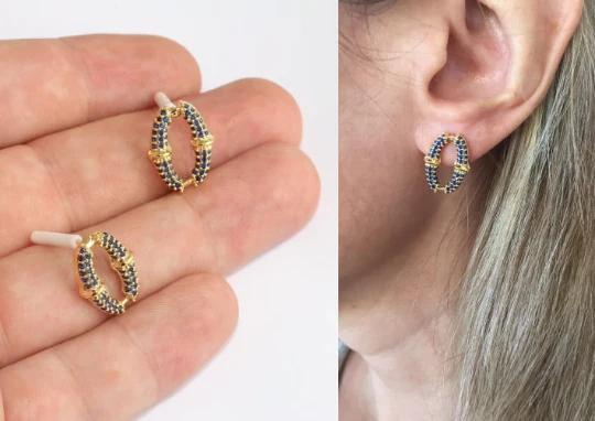 24 Ayar Altın Kaplama Lacivert Taşlı Oval Küpe