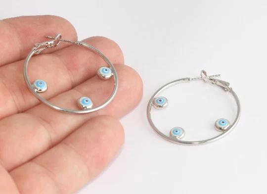 Rodyum Kaplama Gümüş Üçlü Nazar Eklentili Halka Küpe