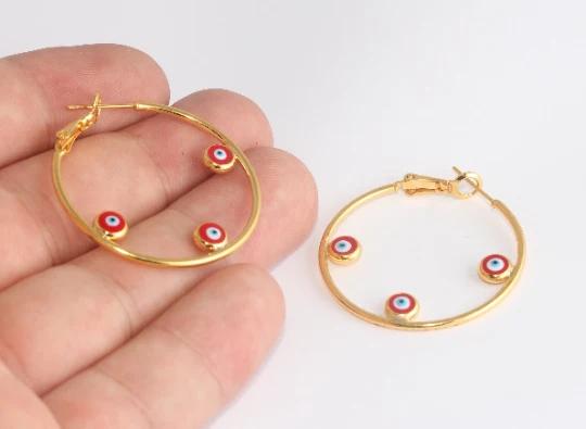 24 Ayar Altın Kaplama Üçlü Nazar Eklentili Halka Küpe