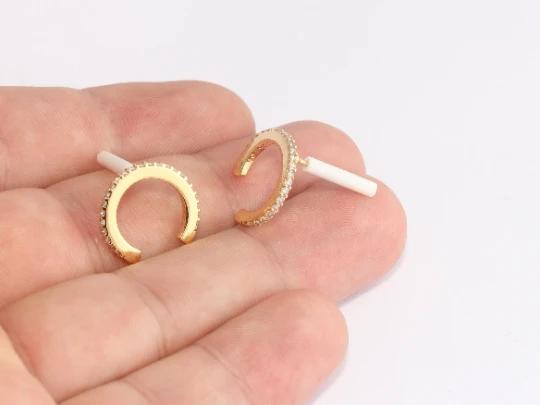 24 Ayar Altın Kaplama Beyaz Zirkon Taşlı Boynuz Ay Halka Küpe