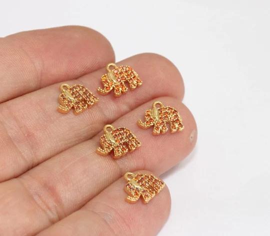 24k Altın Kaplama Turuncu Zirkon Taşlı Fil Charms,