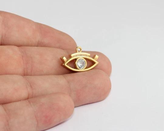 24 Ayar Altın Kaplama Beyaz  Zirkon Taşlı Parlak Göz Charms, Göz Kolye Ucu