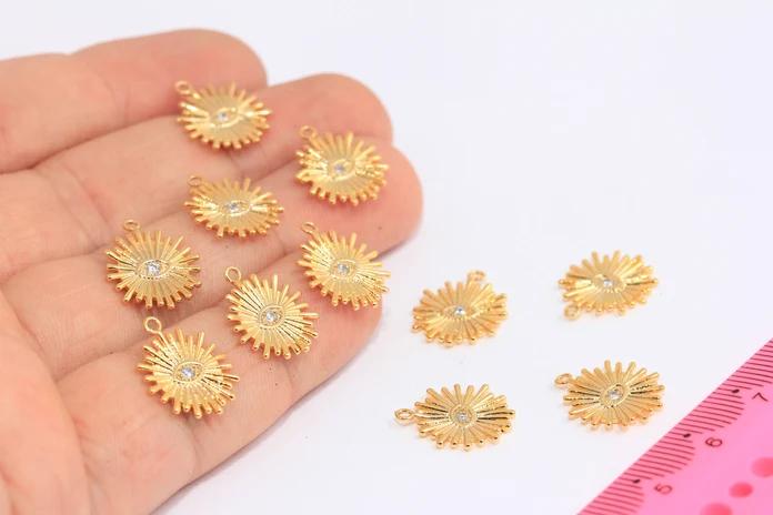 24k Altın Kaplama Beyaz Zirkon Taşlı Güneş Charms, Güneş Kolye Ucu