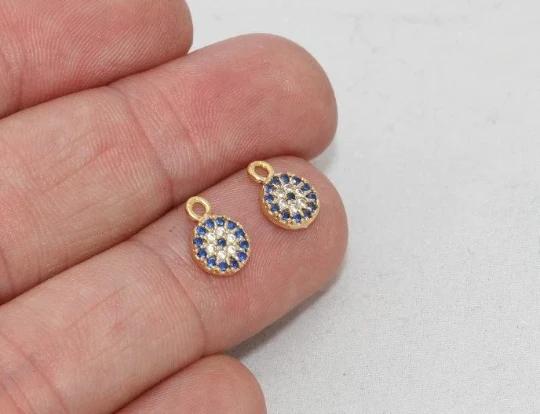 24k Altın Kaplama Zirkon Taşlı Lacivert Beyaz Nazar Charms, Nazar Kolye Ucu
