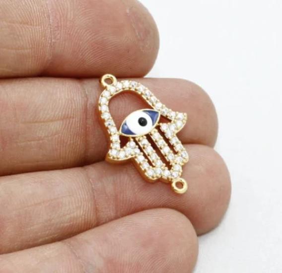 24 Ayar Altın Kaplama Beyaz Zirkon Taşlı Parlak Fatima Eli Nazar Charms, Fatima Eli Nazar Kolye Ucu