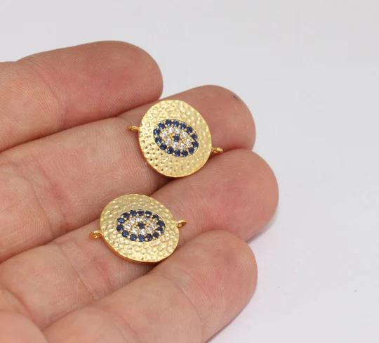 24 Ayar Altın Kaplama Beyaz Lacivert Zirkon Taşlı Parlak Nazar Yuvarlak Charms, Nazar Yuvarlak Kolye Ucu