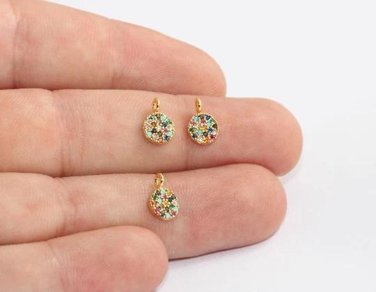 24k Altın Kaplama Renkli Zirkon Taşlı Yuvarlak Charms,