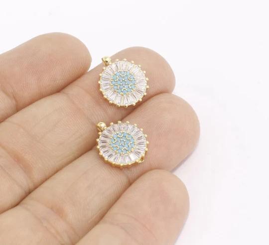 24k Altın Kaplama Turkuaz Beyaz Zirkon Taşlı Yuvarlak Charms,