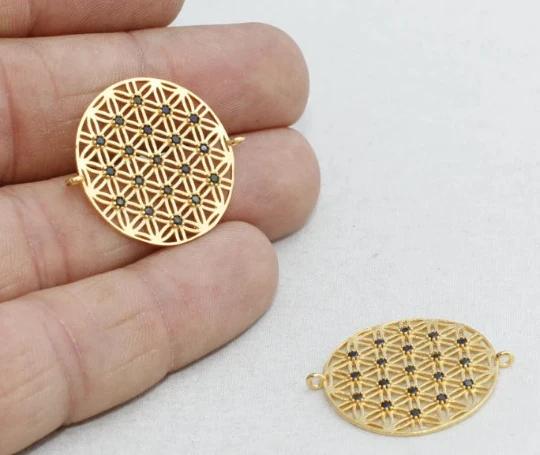 24k Altın Kaplama Yeşil Zirkon Taşlı Çiçek Desenli Yuvarlak Charms,