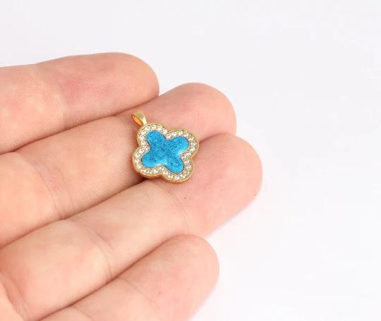 24k Altın Kaplama Beyaz Zirkon Taşlı Mavi Mineli Çiçek Charms,