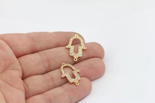24k Altın Kaplama Beyaz Zirkon Taşlı Fatima Eli Charms,