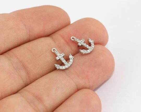 Gümüş Kaplama Beyaz Zirkon Taşlı Çapa Charms,