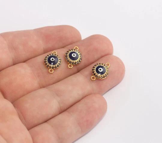 24k Altın Kaplama Siyah Zirkon Taşlı Nazar Yuvarlak Charms,