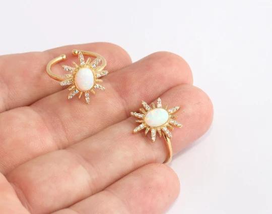 24 Ayar Altın Kaplama Beyaz Zirkon Taşlı  Güneş  Yüzük