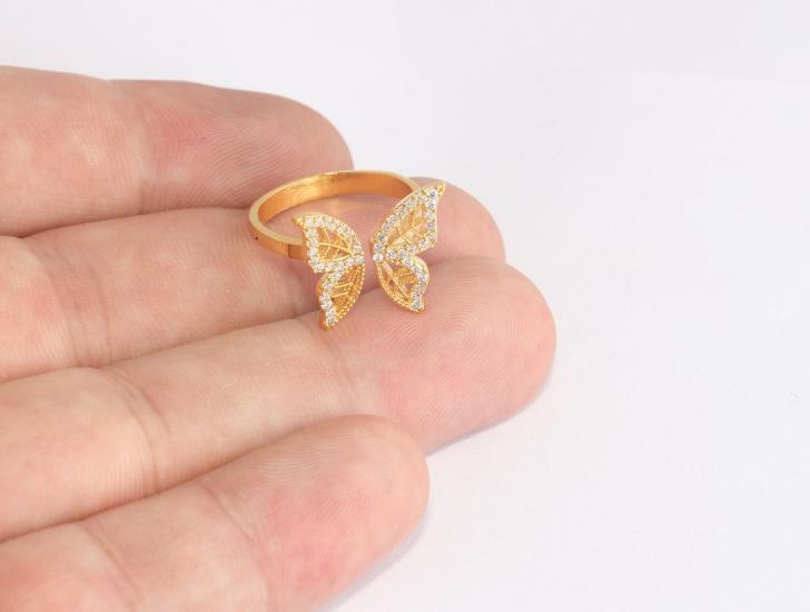 24 Ayar Altın Kaplama Beyaz Taşlı Kelebek  Yüzük