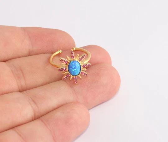 24 Ayar Altın Kaplama Mor-Mavi Zirkon Taşlı Güneş  Yüzük