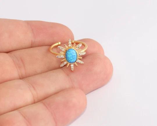 24 Ayar Altın Kaplama Beyaz Turkuaz Zirkon Taşlı Güneş  Yüzük
