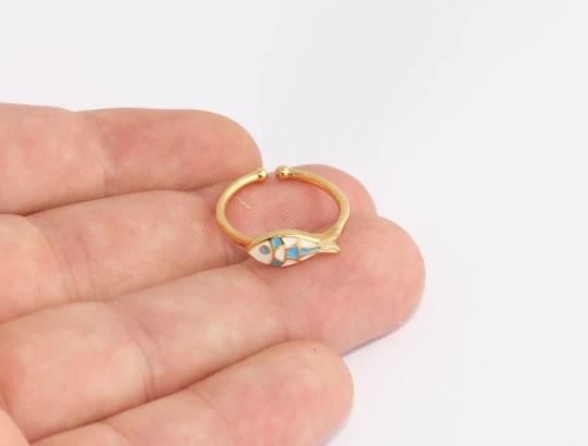 24 Ayar Altın Kaplama Mavi Beyaz Taşlı Mineli Balık  Yüzük